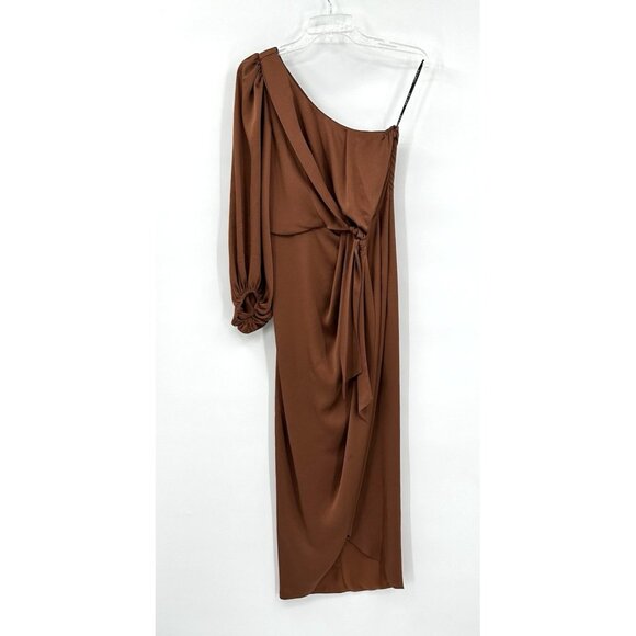 SHONA JOY dress luxe tie front one shoulder satin mocha midi party event 4 - Picture 4 of 11